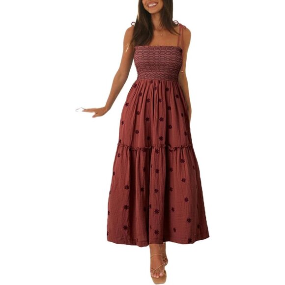 Dresses & Skirts - Women Floral Embroidered Maxi Dress Boho Sleeveless Tie Strap Summer Sundress